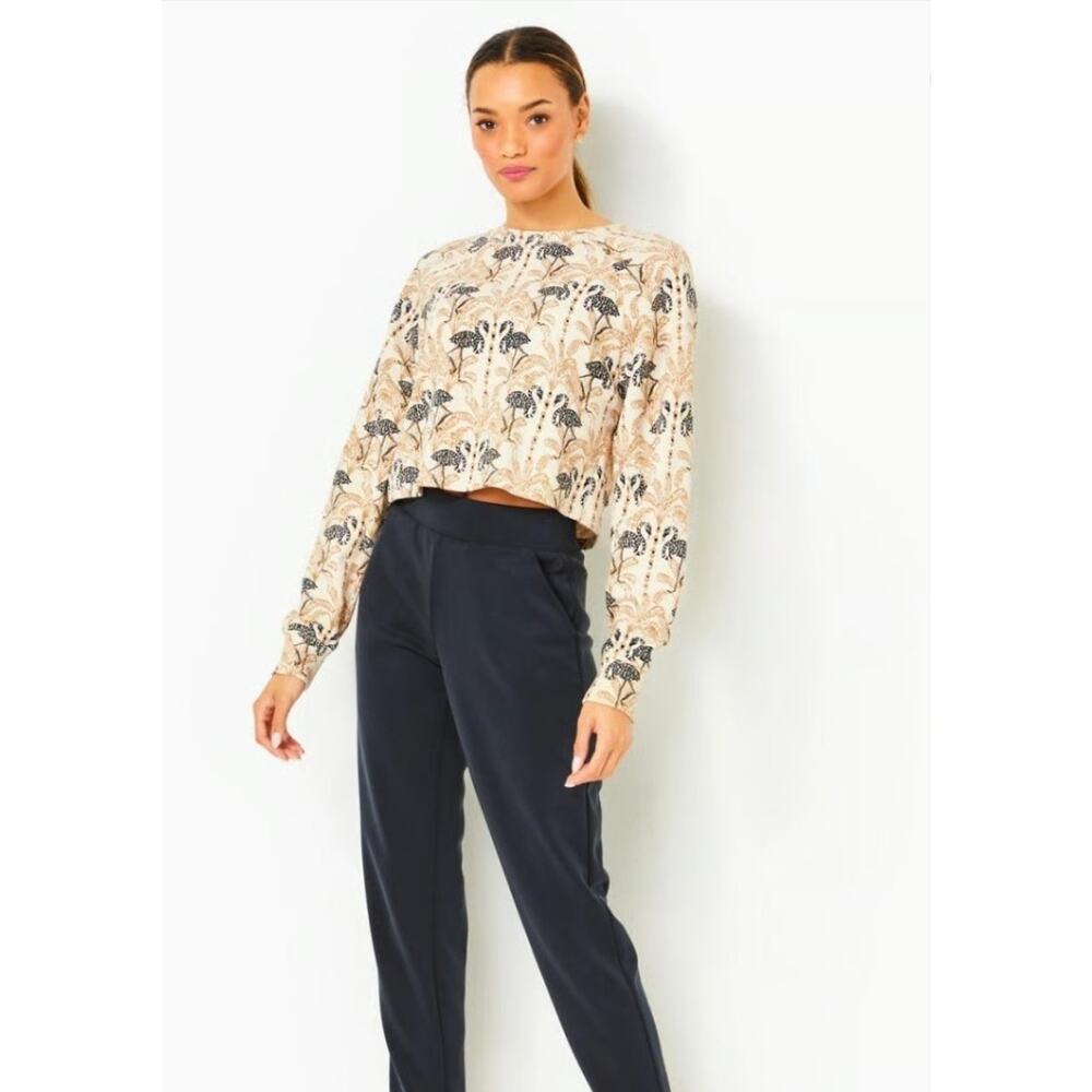Lilly Pulitzer Zelek Crew Neck Cotton Pullover Deeper Coconut Flamingo Top Large